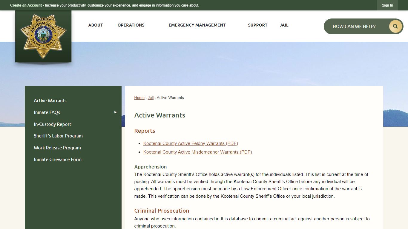 Active Warrants | Kootenai County Sheriff, ID
